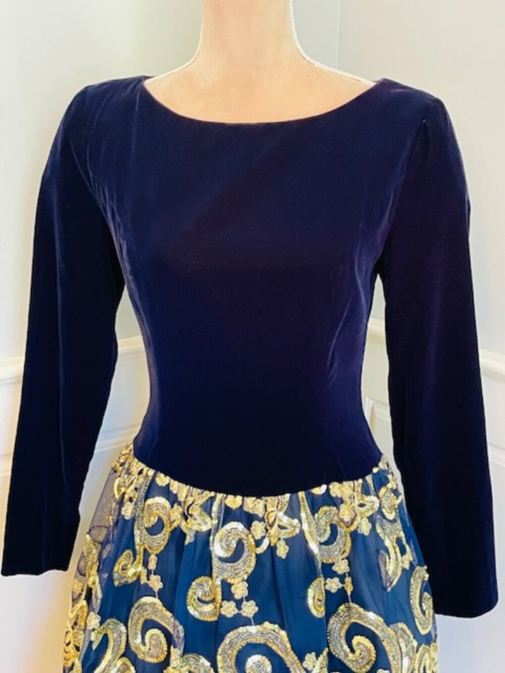 Vintage Jessica McClintock Balletcore Navy Velvet Gold Holiday Dress XS 90s - Picture 4 of 9